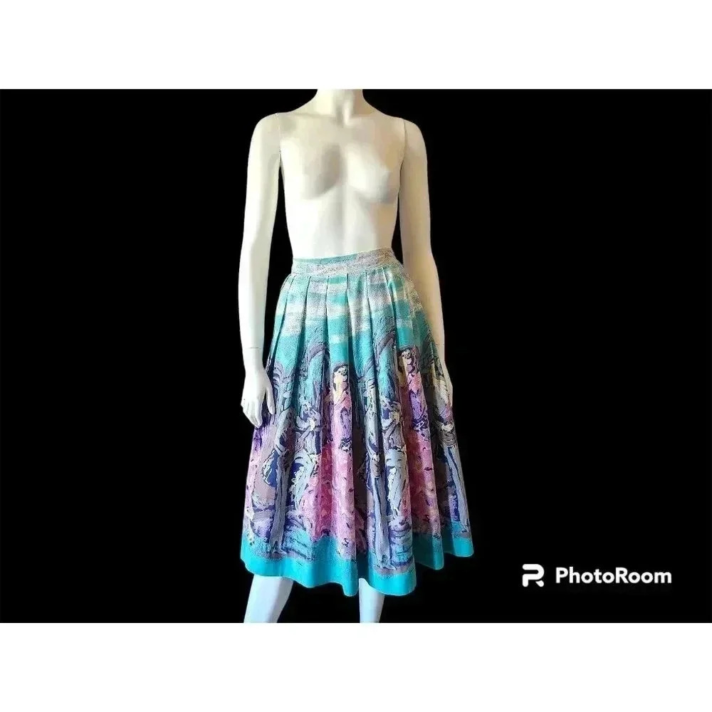 Vintage 50s Pastel Print Pleated Cotton Skirt S (4-6)